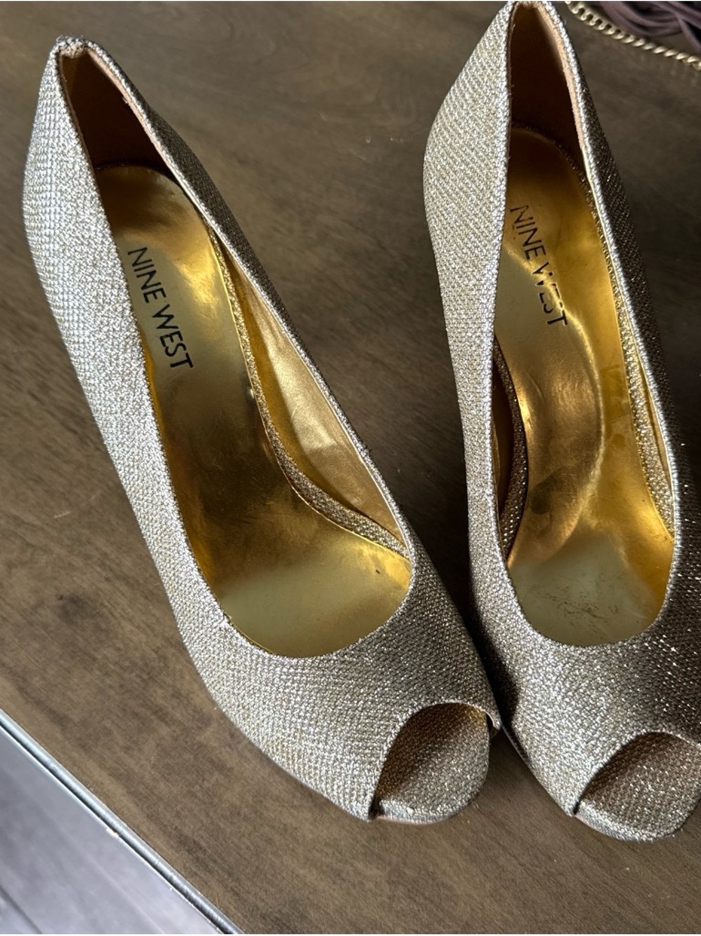 Nine West Gold Glitter Peep-Toe Heels